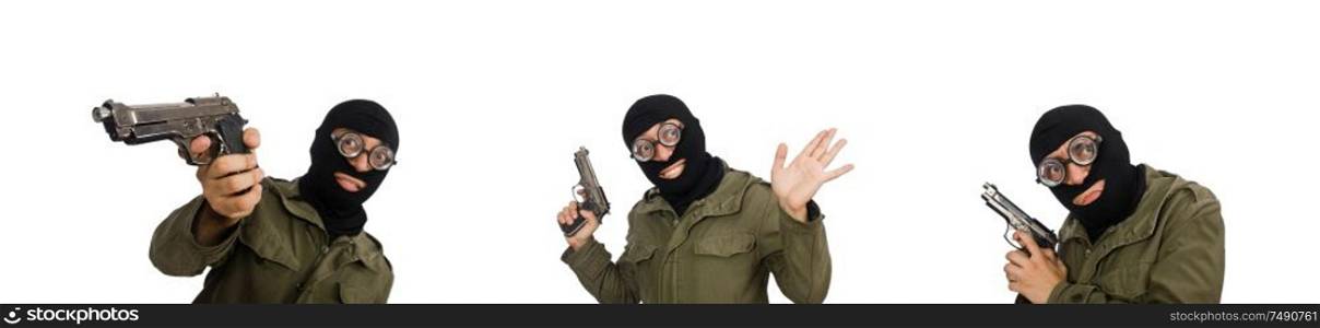 The funny man wearing balaclava isolated on white. Funny man wearing balaclava isolated on white