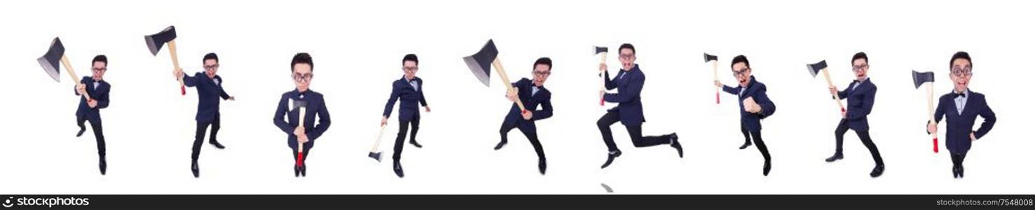 The funny man with axe on white. Funny man with axe on white