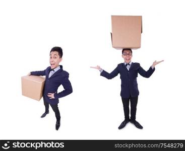 The funny man with box on white. Funny man with box on white
