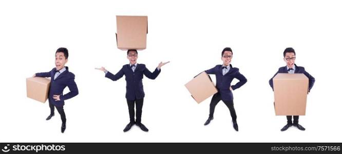 The funny man with box on white. Funny man with box on white