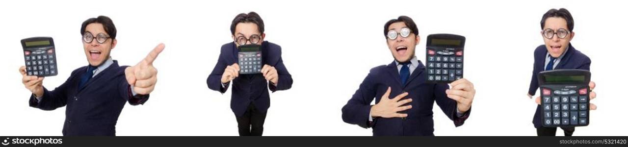 The funny man with calculator isolated on white. Funny man with calculator isolated on white