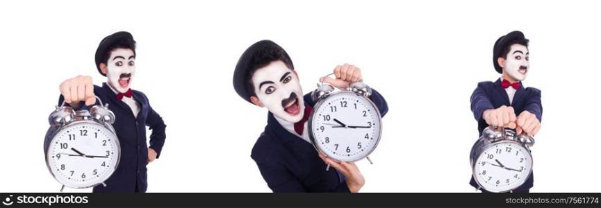 The funny man with clock on white. Funny man with clock on white