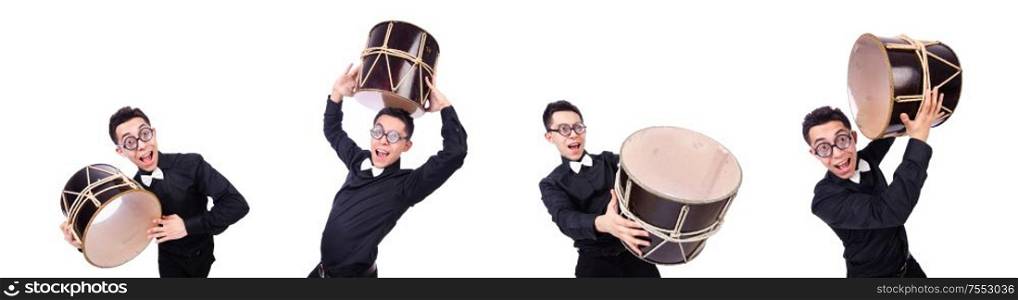 The funny man with drum on white. Funny man with drum on white