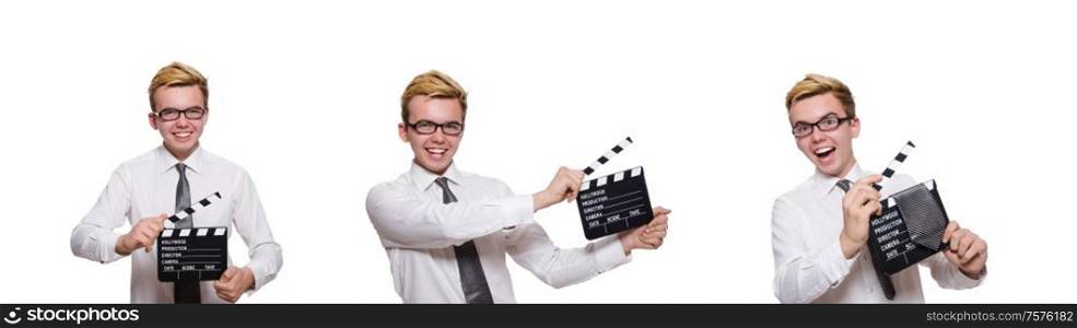 The funny man with movie board on white. Funny man with movie board on white