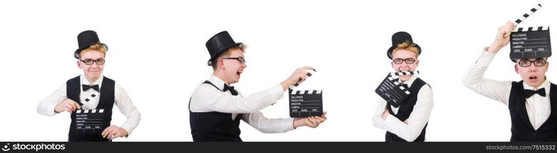 The funny man with movie clapper clapboard. Funny man with movie clapper clapboard