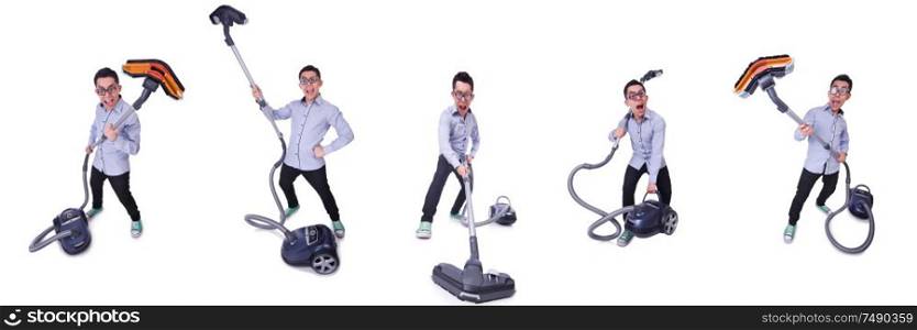 The funny man with vacuum cleaner on white. Funny man with vacuum cleaner on white