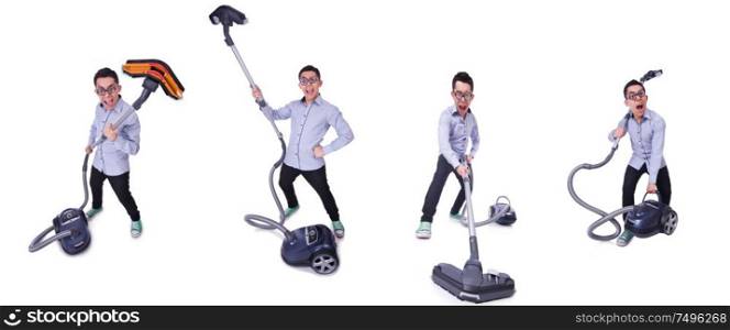 The funny man with vacuum cleaner on white. Funny man with vacuum cleaner on white