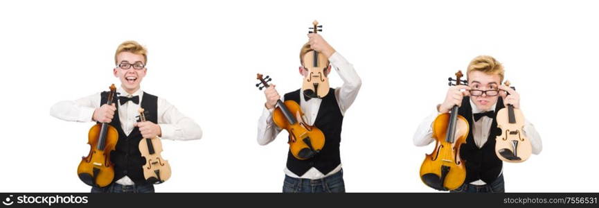 The funny man with violin on white. Funny man with violin on white