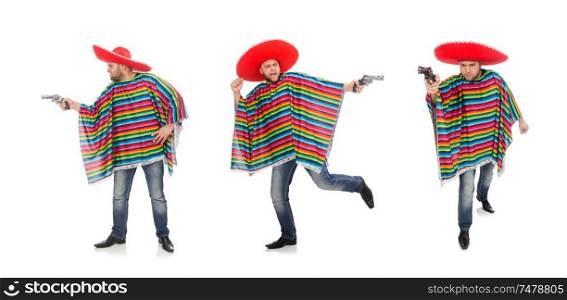 The funny mexican holding pistol isolated on white. Funny mexican holding pistol isolated on white