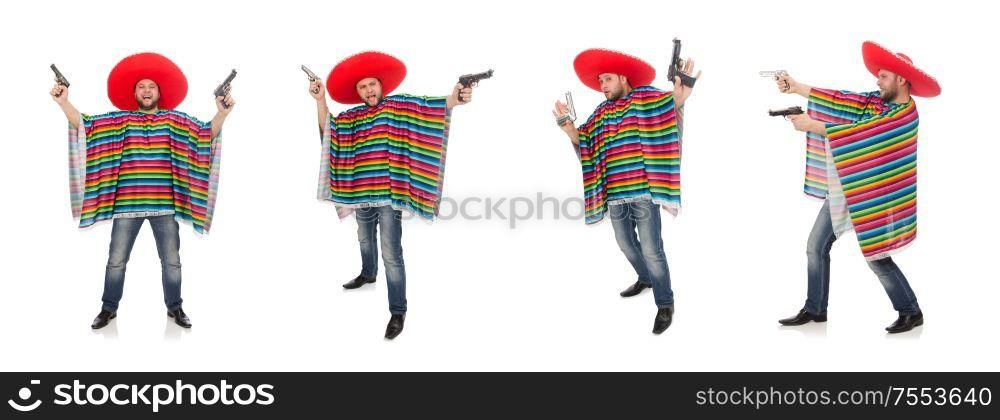 The funny mexican holding pistol isolated on white. Funny mexican holding pistol isolated on white