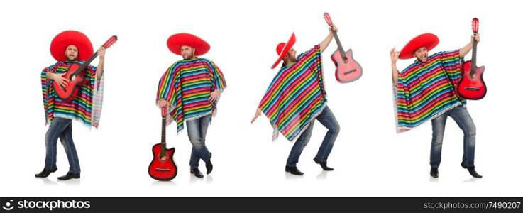 The funny mexican with guitar isolated on white. Funny mexican with guitar isolated on white