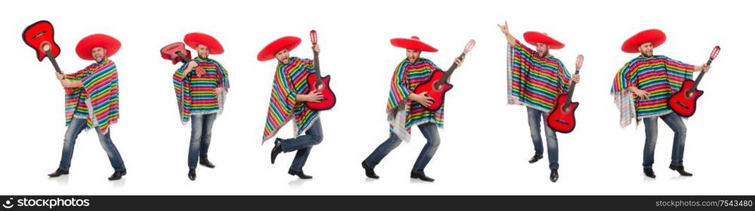 The funny mexican with guitar isolated on white. Funny mexican with guitar isolated on white