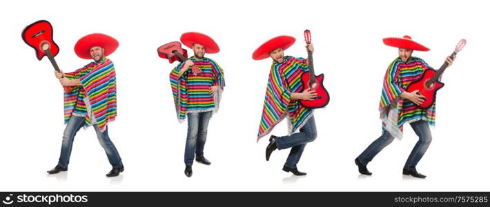 The funny mexican with guitar isolated on white. Funny mexican with guitar isolated on white