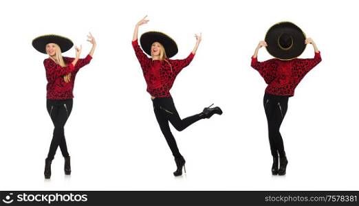 The funny mexican woman wearing sombrero isolated on white. Funny mexican woman wearing sombrero isolated on white