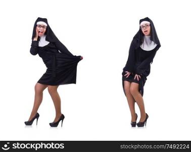 The funny nun isolated on the white. Funny nun isolated on the white