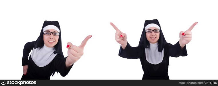 The funny nun isolated on the white. Funny nun isolated on the white