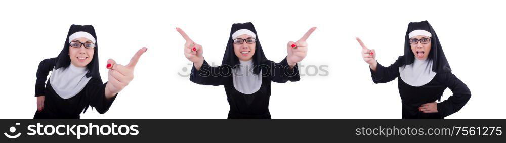 The funny nun isolated on the white. Funny nun isolated on the white