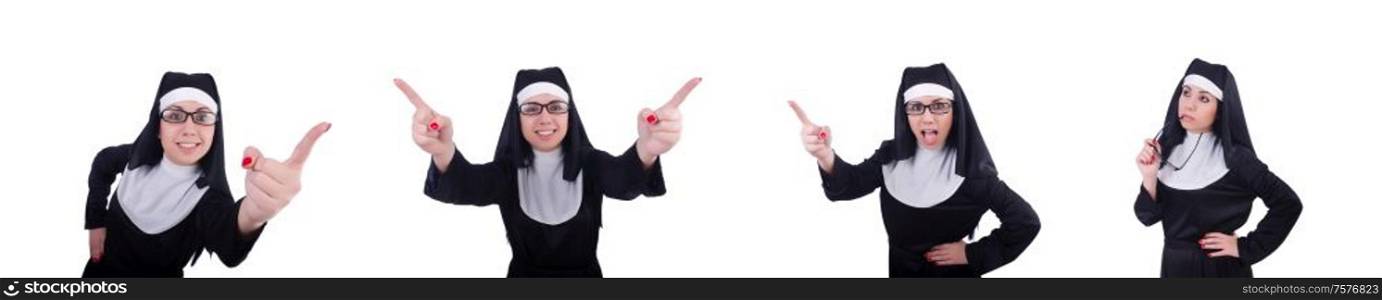 The funny nun isolated on the white. Funny nun isolated on the white