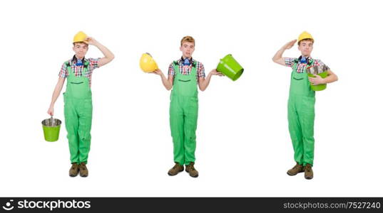 The funny painter with bucket isolated on white. Funny painter with bucket isolated on white