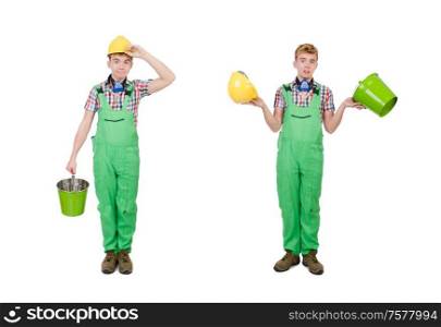 The funny painter with bucket isolated on white. Funny painter with bucket isolated on white