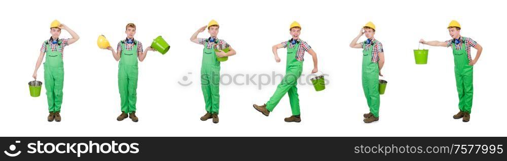 The funny painter with bucket isolated on white. Funny painter with bucket isolated on white