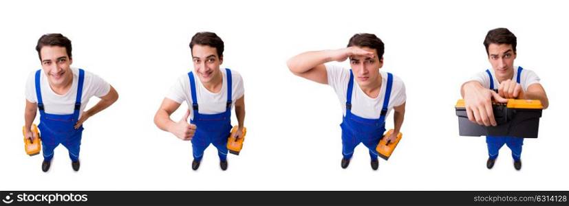 The funny repairman with tools isolated on white. Funny repairman with tools isolated on white