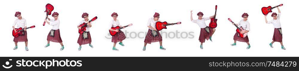 The funny scotsman with guitar on white. Funny scotsman with guitar on white