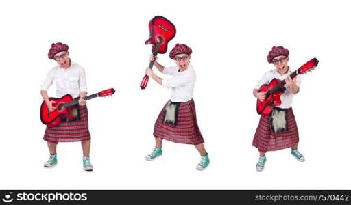 The funny scotsman with guitar on white. Funny scotsman with guitar on white
