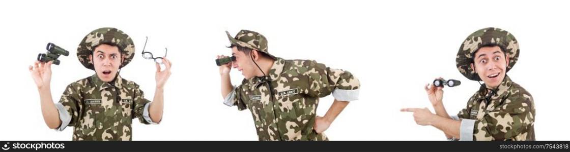 The funny soldier in military concept. Funny soldier in military concept