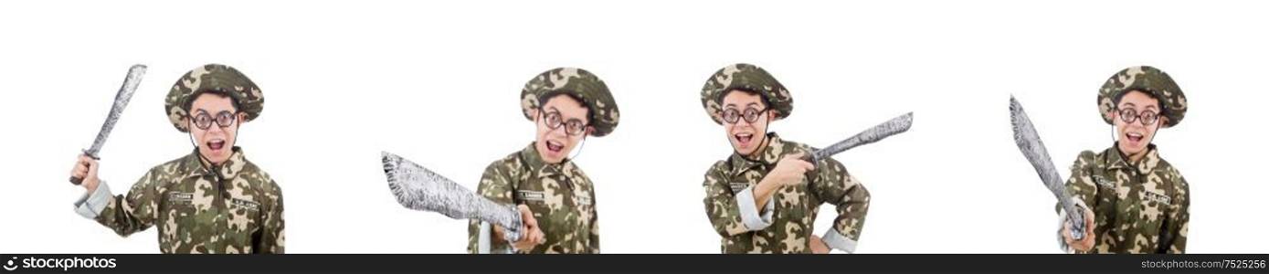 The funny soldier with knife on white. Funny soldier with knife on white