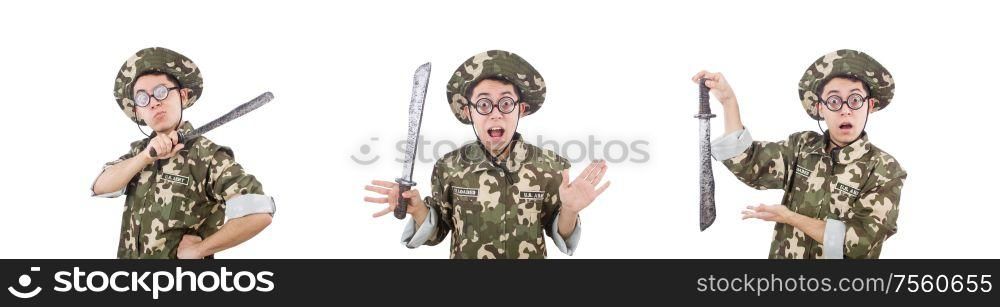 The funny soldier with knife on white. Funny soldier with knife on white