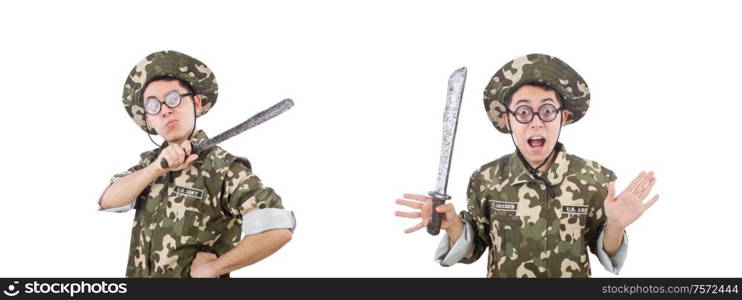 The funny soldier with knife on white. Funny soldier with knife on white