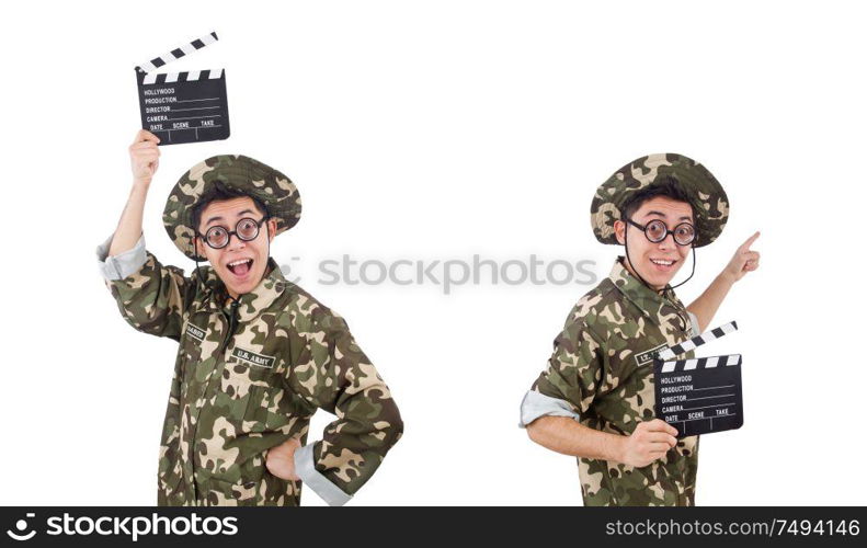 The funny soldier with movie board isolated on the white. Funny soldier with movie board isolated on the white