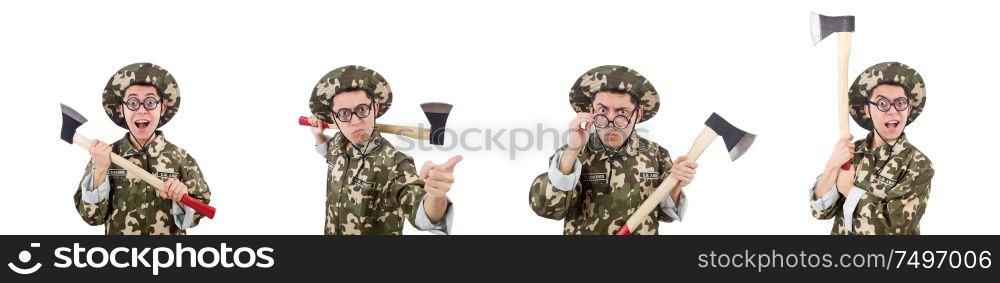 The funny soldier with the axe isolated on white. Funny soldier with the axe isolated on white