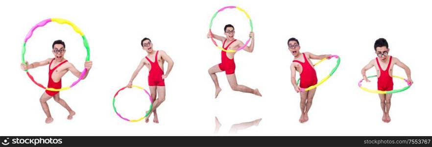 The funny sportsman with hula hoop on white. Funny sportsman with hula hoop on white