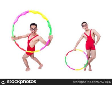 The funny sportsman with hula hoop on white. Funny sportsman with hula hoop on white