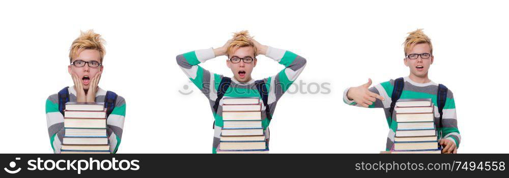 The funny student with stack of books. Funny student with stack of books