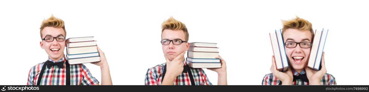 The funny student with stack of books. Funny student with stack of books