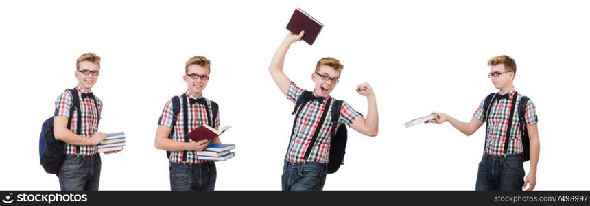 The funny student with stack of books. Funny student with stack of books