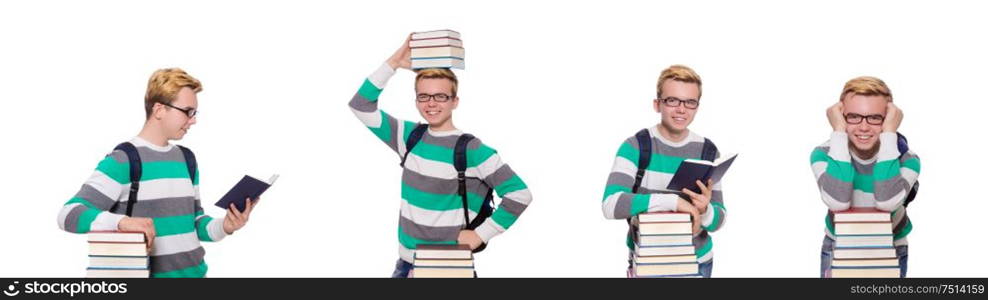 The funny student with stack of books. Funny student with stack of books