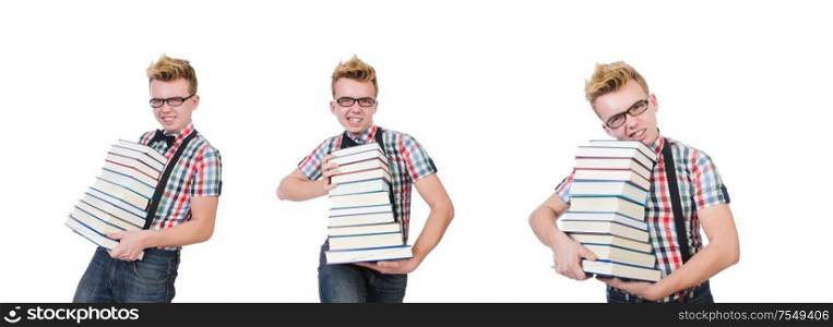 The funny student with stack of books. Funny student with stack of books