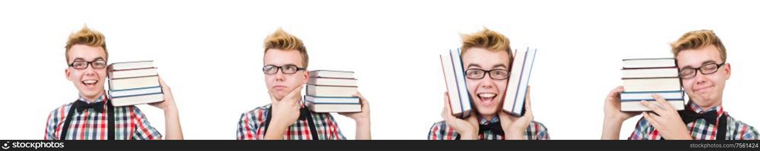 The funny student with stack of books. Funny student with stack of books