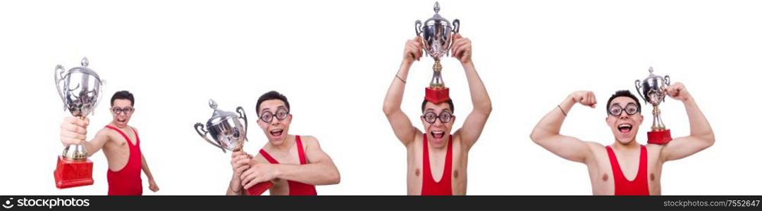 The funny wrestler with winners cup. Funny wrestler with winners cup
