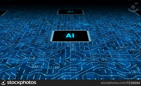 The future concept of AI artificial intelligence technology CPU central processor unit and circuit board for electronic and technology