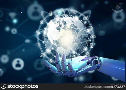 The Future global business connection with Artificial intelligence concept. Robot hand holding the global connection with connecting people orbit around the world. World map and connecting people.