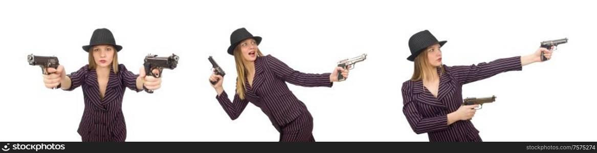 The gangster woman with gun isolated on white. Gangster woman with gun isolated on white