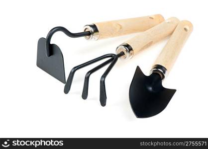 The garden tool a shovel, a rake, a chopper. Isolated on a white background