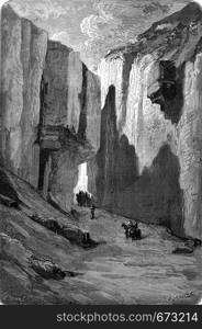 The Gargantas (gorges) Pancorbo, Former coach road, vintage engraved illustration. Le Tour du Monde, Travel Journal, (1872).