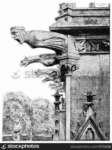 The gargoyles of the sacristy of the chapter, vintage engraved illustration. Paris - Auguste VITU ? 1890.