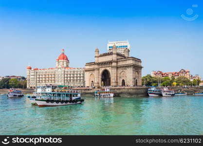 The Gateway of India and boats as seen from the Mumbai Harbour in Mumbai, India